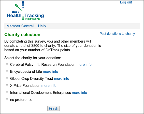 screenshot of a charity selection survey
